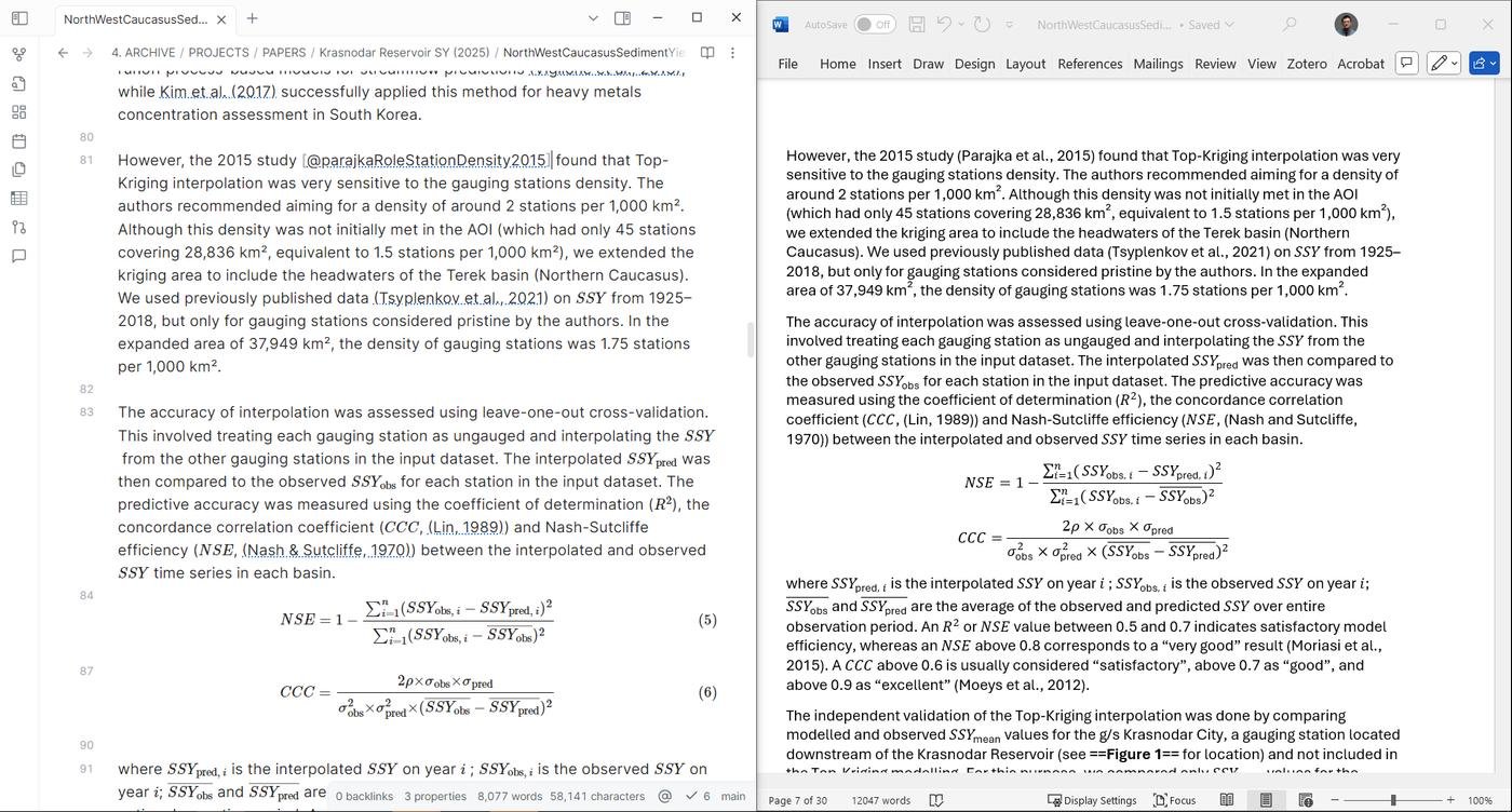 Пример экспорта статьи *Tsyplenkov et al. (2025)* из Obsidian в формат Word. Обратите внимание, что формулы и библиографические ссылки отрендерились на ура. Статья была опубликована в *Journal of Hydrology* пару месяцев назад.