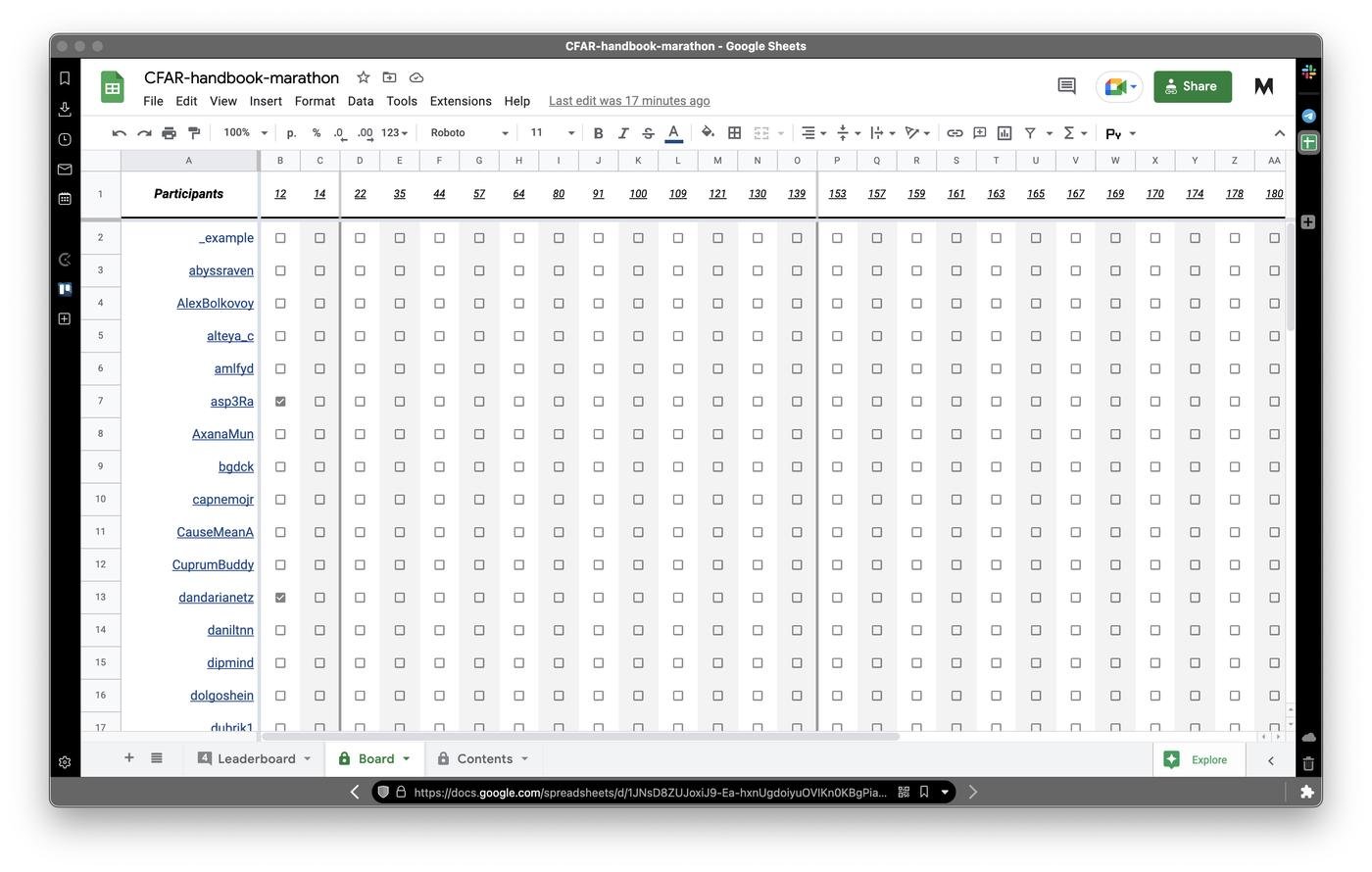 Таблица участников, которую заполняет бот
