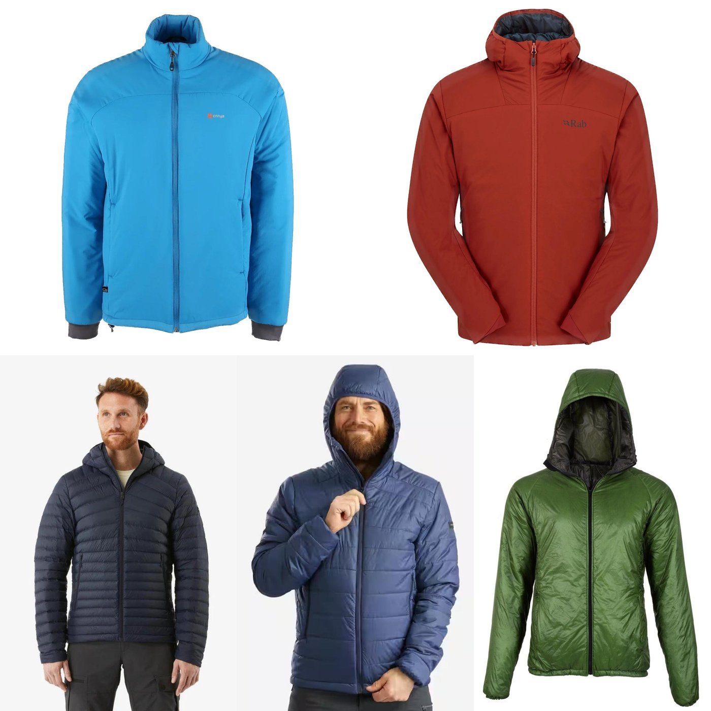 Слева направо и сверху вниз: Сплав Barrier Light, Rab Xenair Light, Forclaz MT100 (Пух), Forclaz MT100 (синтетика), Enlightened Equipment Torrid