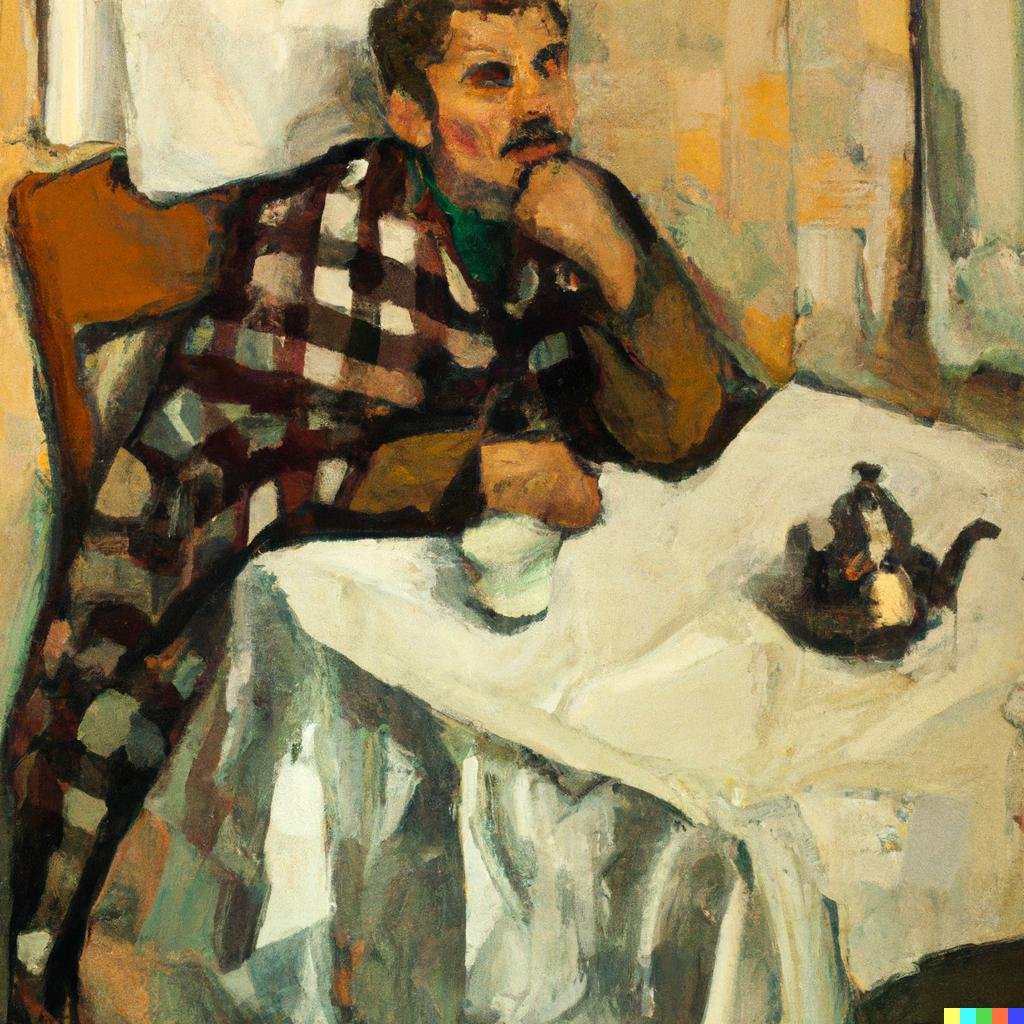 Вот так DALL-E представляет себе А.П.Чехова за кружечкой чая на советской кухне