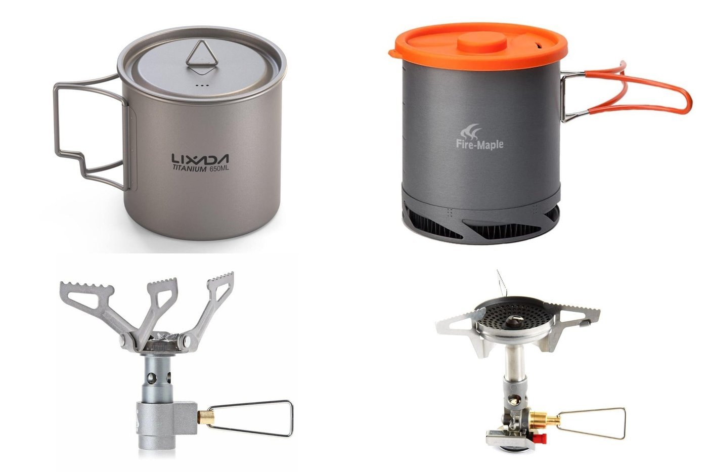 Слева BRS и титановая кружка, справа Soto Windmaser и Firemaple XK6