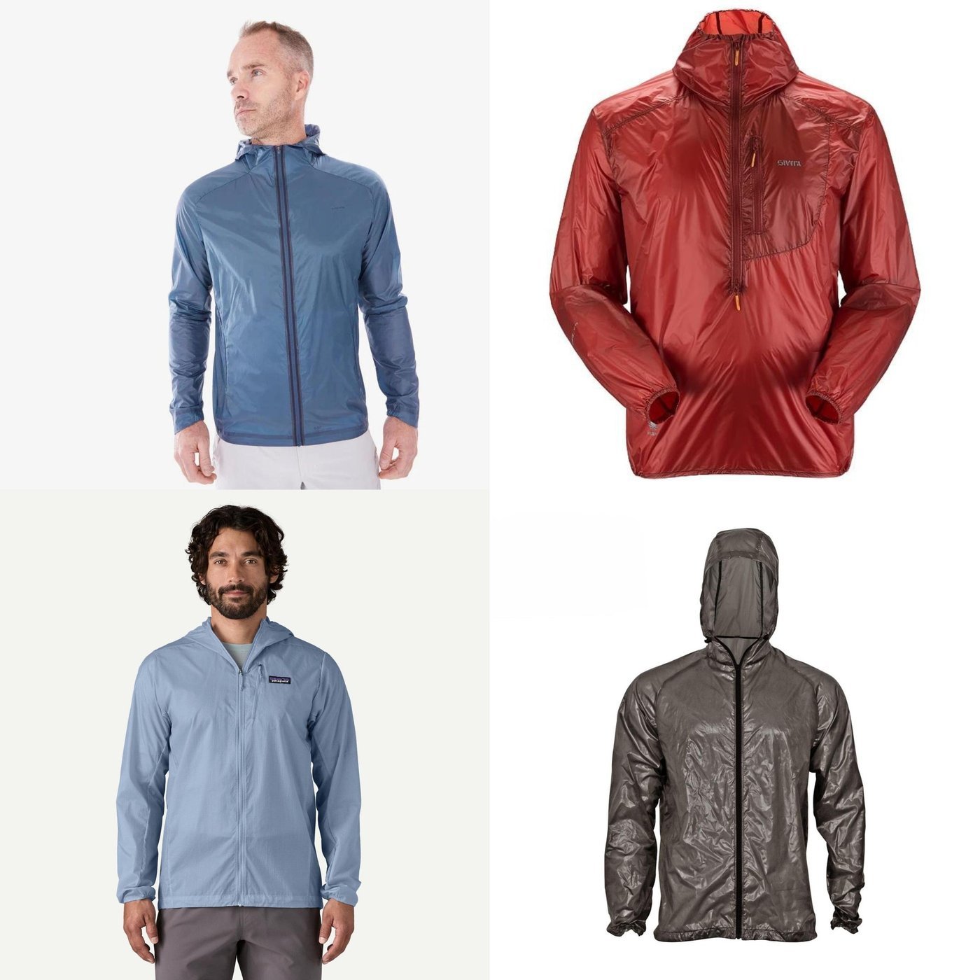 Слева направо и сверху вниз: Quechua Men's MH900 Lightweight Windproof Jacket, Сивера Ярец, Patagonia Houdini, Enlightened Equipment Copperfield Wind Shirt