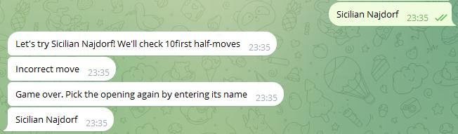 А здесь бот сначала изменил boolean playing на true, а потом проверил, является ли Sicilian Najdorf правильным первым ходом