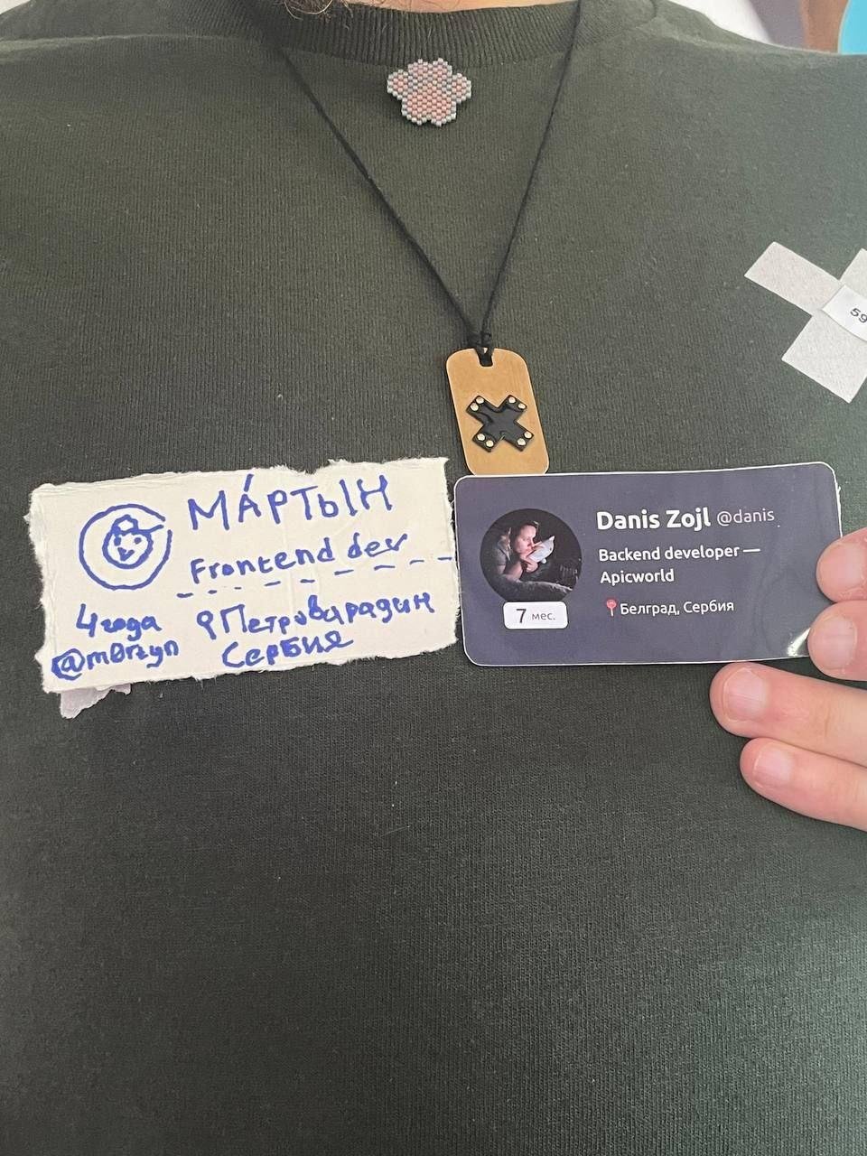 Наши бейджики + DIY бейджик Мартына + офигенные кулончики, которые Дима @demeter сделал всем в подарок (а точнее его мама!)