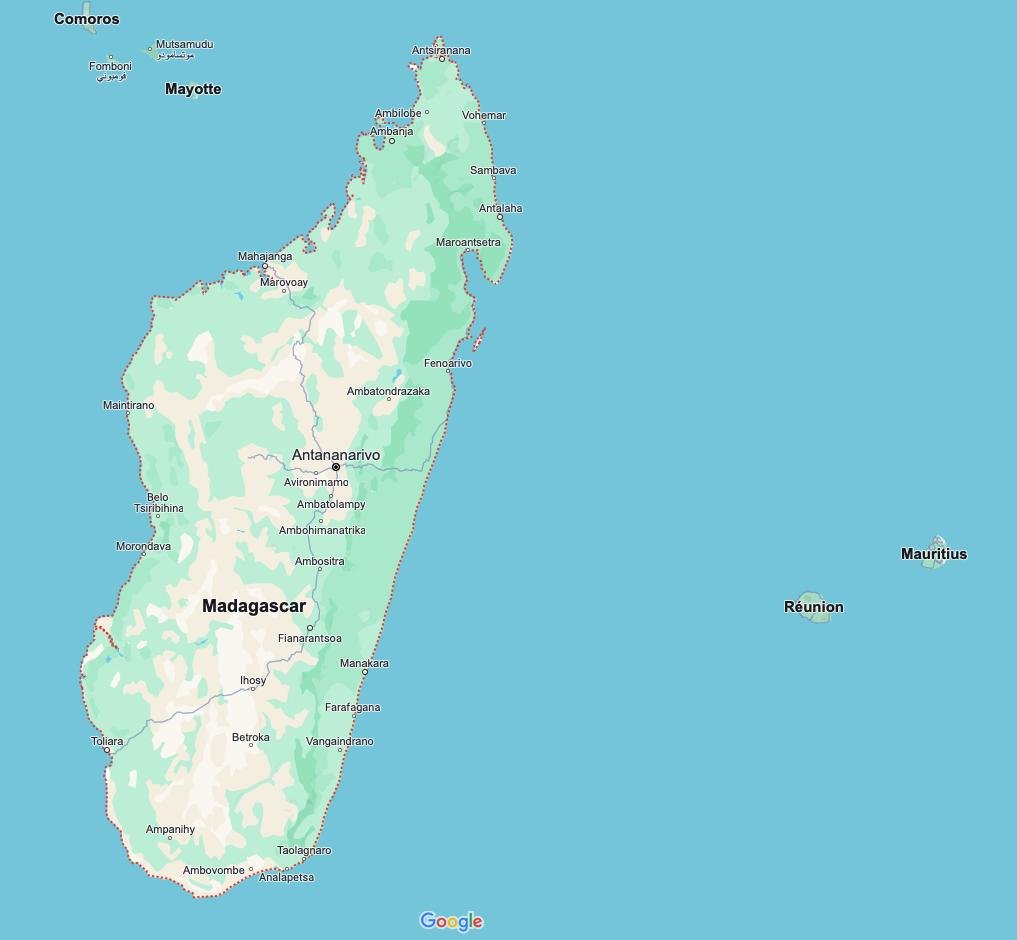 Расположение Мадагаскара относительно Маврикия. Заодно можно оценить насколько огромен остров.