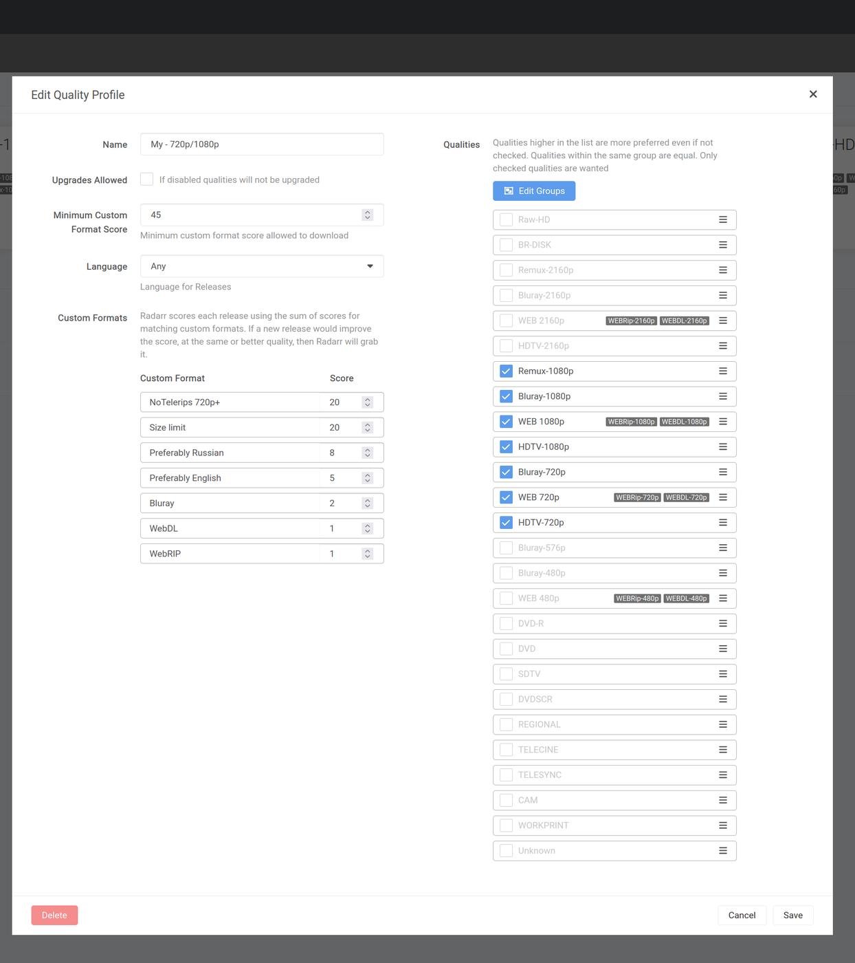 довольно нетривиальные настройки формата